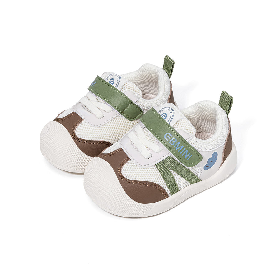 Green EBMINI AERO baby sneakers, front three-quarter pair view