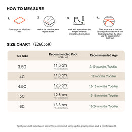 EBMINI AERO baby sneaker size chart for US sizes 3.5C to 6C
