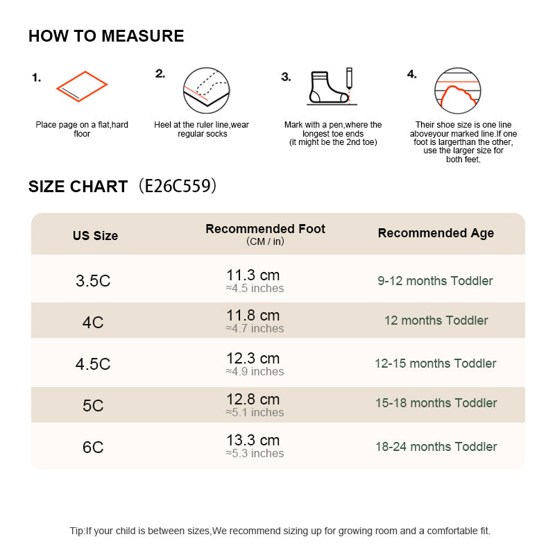 EBMINI AERO baby sneaker size chart for US sizes 3.5C to 6C