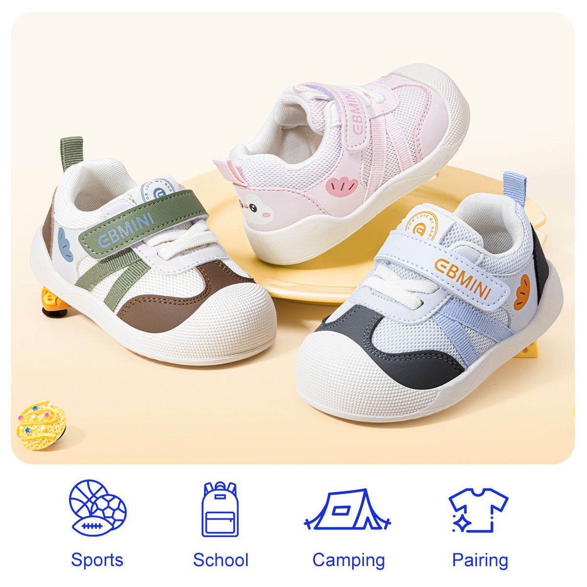 EBMINI AERO baby sneakers in green, pink, and blue