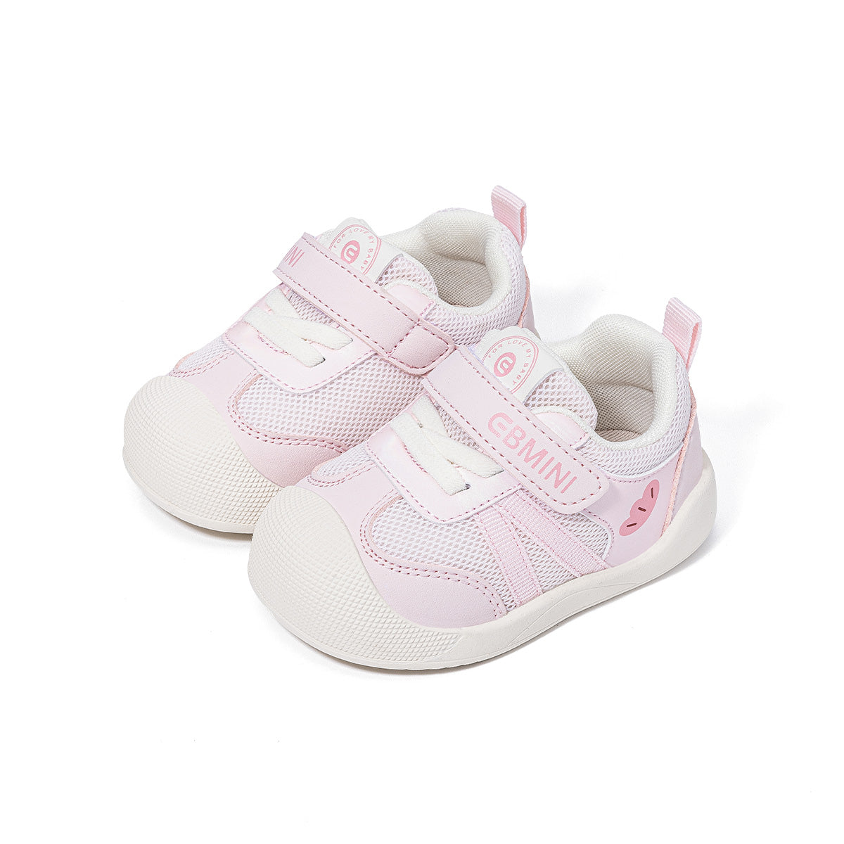 Pink EBMINI AERO baby sneakers, front three-quarter pair view