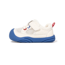 White EBMINI AERO toddler sneaker with blue outsole, side view