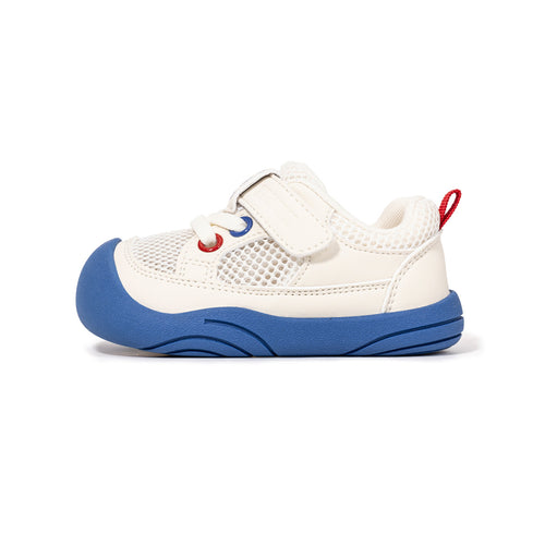 White EBMINI AERO toddler sneaker with blue outsole, side view