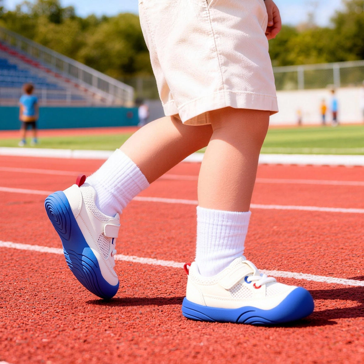 Child wearing white EBMINI AERO sneakers with blue outsole on an outdoor track