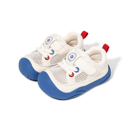 White EBMINI AERO toddler sneakers with blue rubber toe and outsole, front three-quarter view