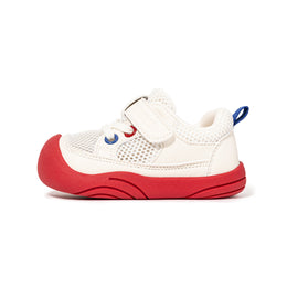 White EBMINI AERO toddler sneaker with red rubber toe and outsole, side view
