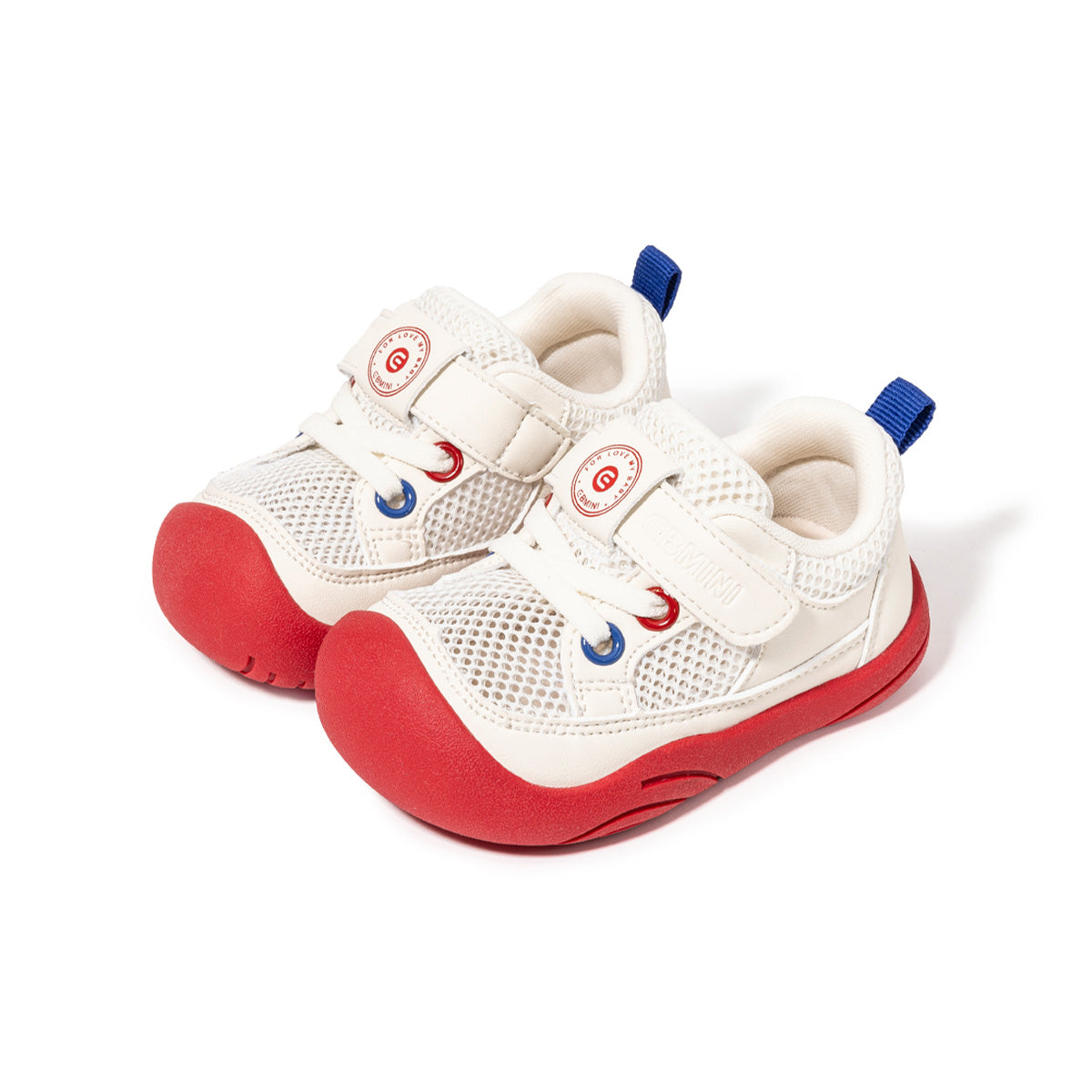 White EBMINI AERO toddler sneakers with red outsole, front three-quarter view