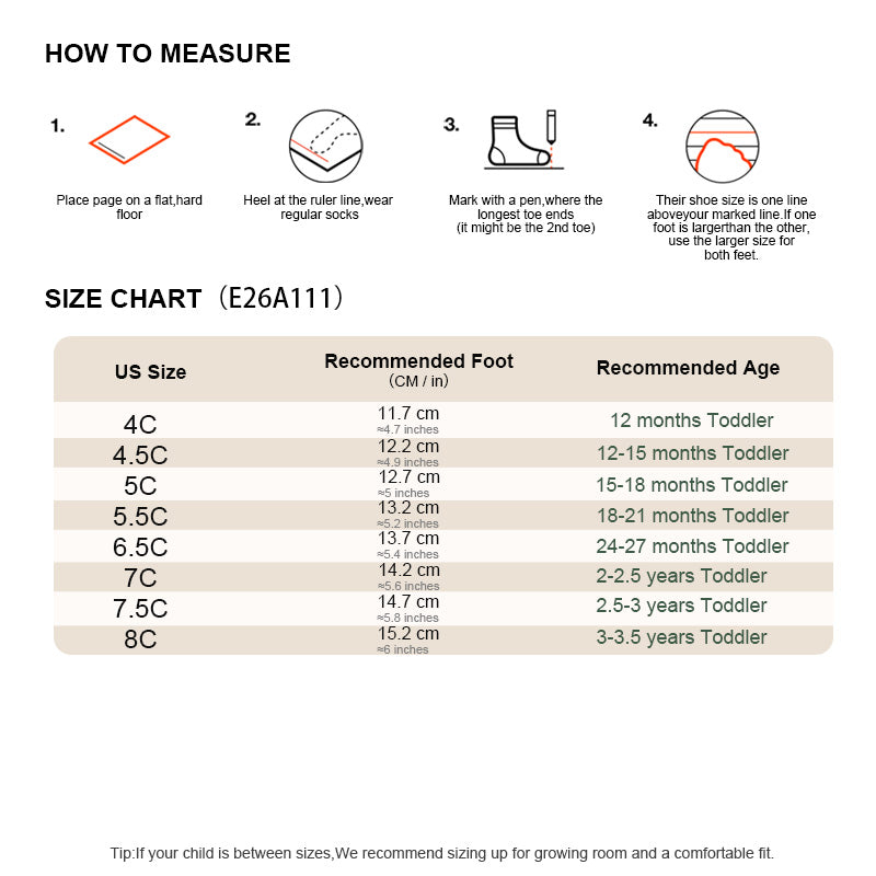 EBMINI AERO toddler sneaker size guide for sizes 4C through 8C