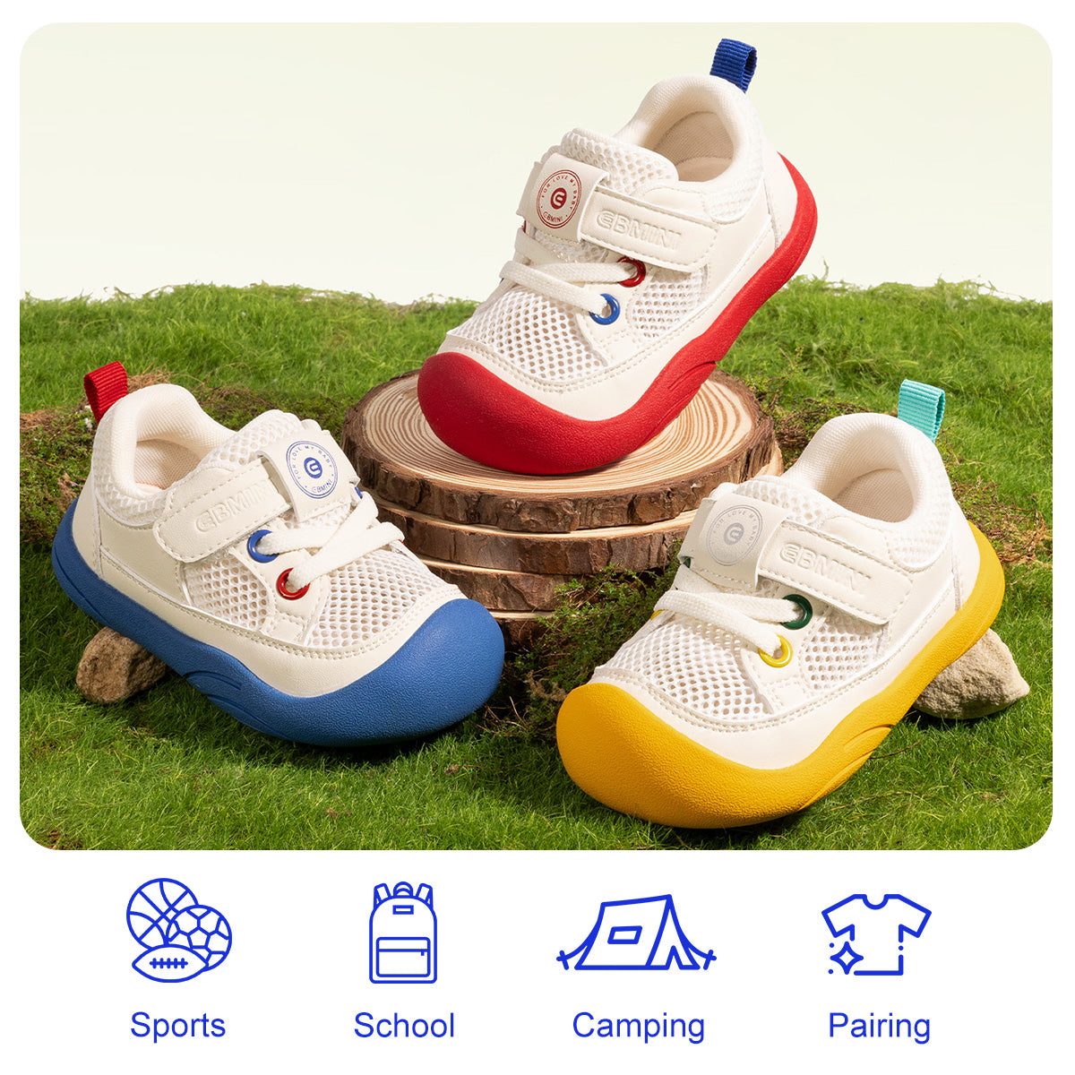 EBMINI AERO sneakers with red, blue, and yellow outsole accents outdoors