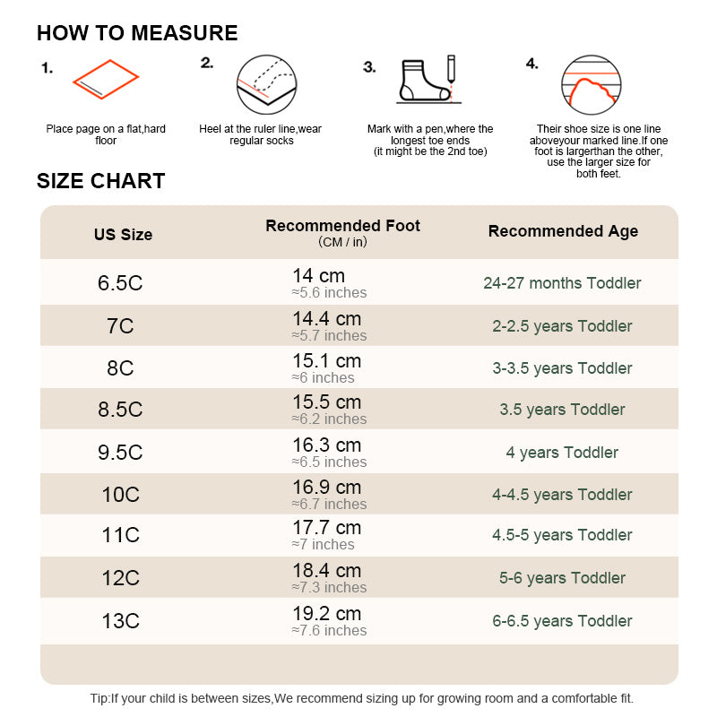 EBMINI APEX size chart for US sizes 6.5C to 13C