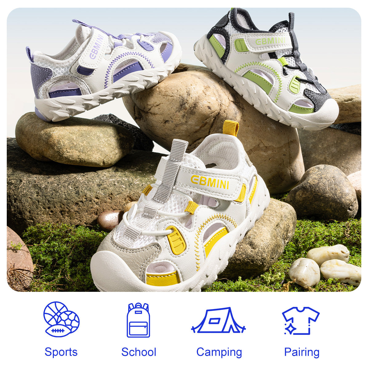 EBMINI APEX sandals in purple, green, and yellow colorways