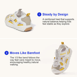 Yellow EBMINI APEX sandal showing rear and side construction details