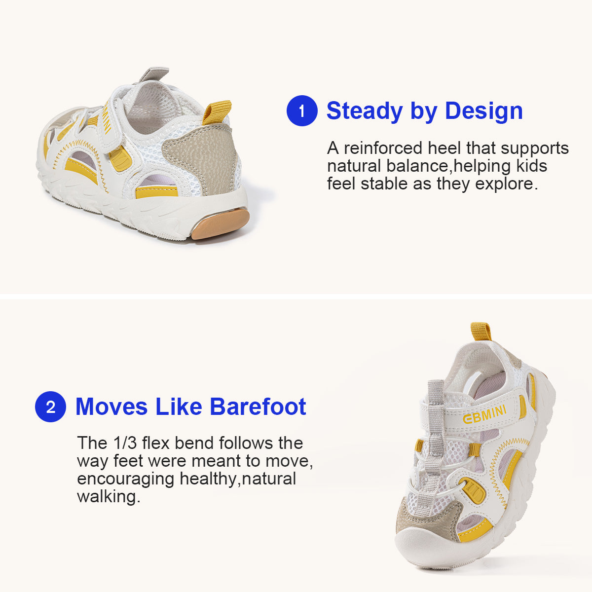 Yellow EBMINI APEX sandal showing rear and side construction details