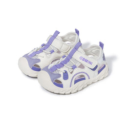 Purple EBMINI APEX closed-toe sport sandals, angled pair view