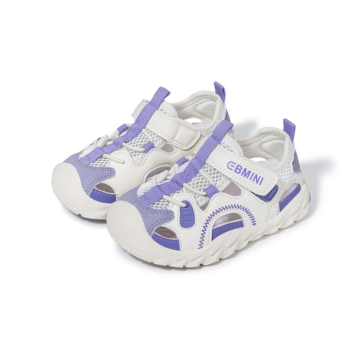 Purple EBMINI APEX closed-toe sport sandals, angled pair view