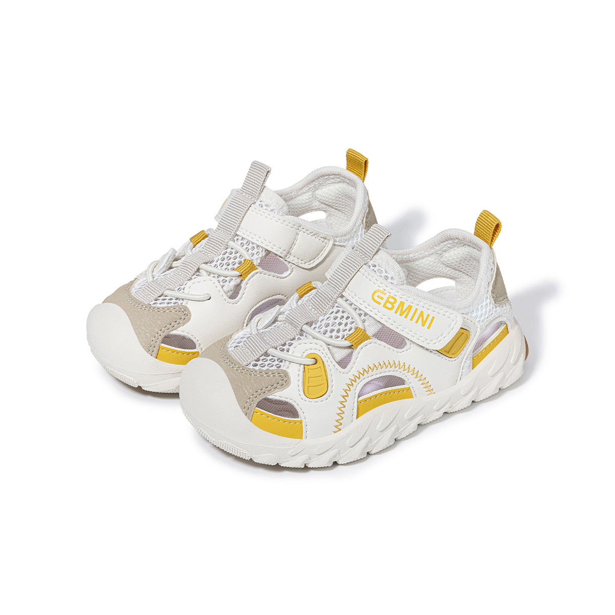Yellow EBMINI APEX closed-toe sport sandals, angled pair view