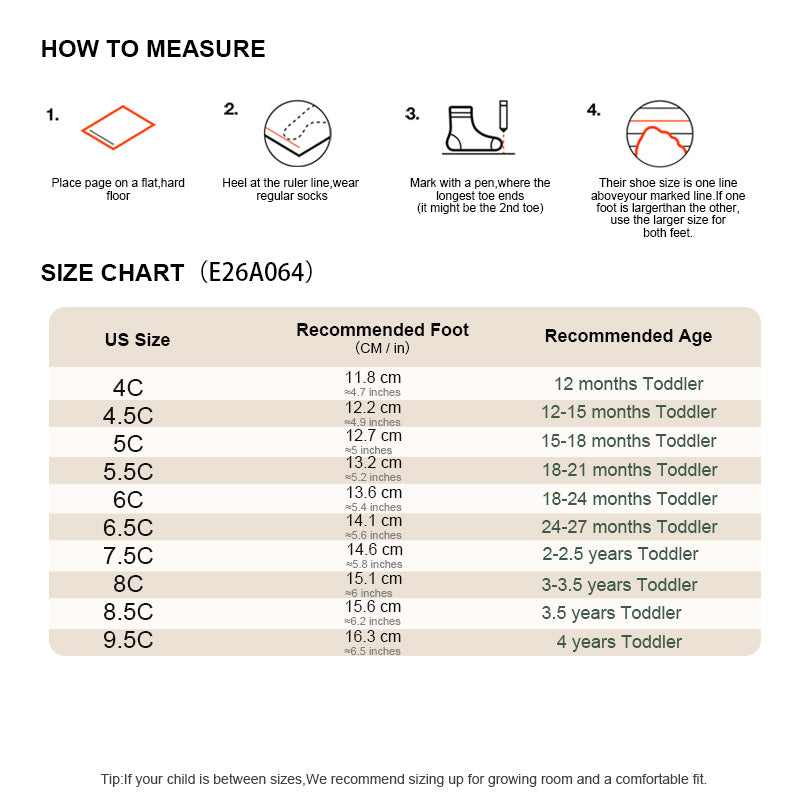 EBMINI ARC size chart for US sizes 4C to 9.5C