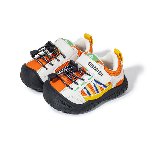 EBMINI BLITZ barefoot toddler sneakers with an orange and white colorblock design