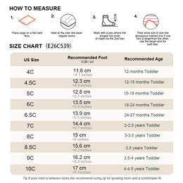 EBMINI BREEZE toddler sneaker size guide and foot measurement chart