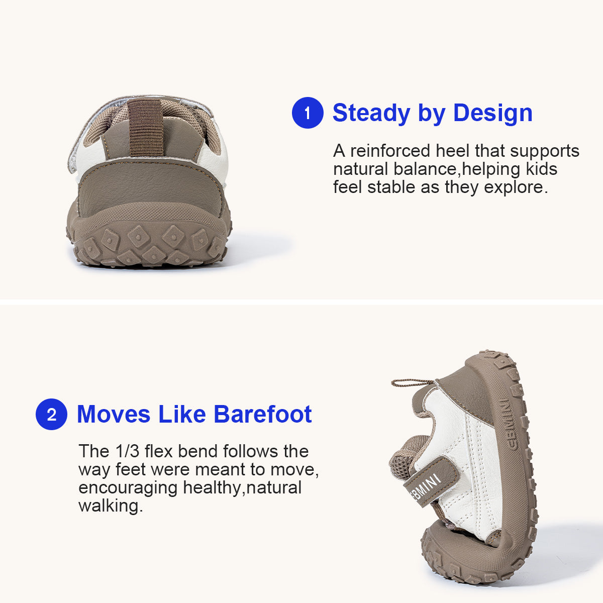 EBMINI BREEZE reinforced heel support and flexible outsole demonstration