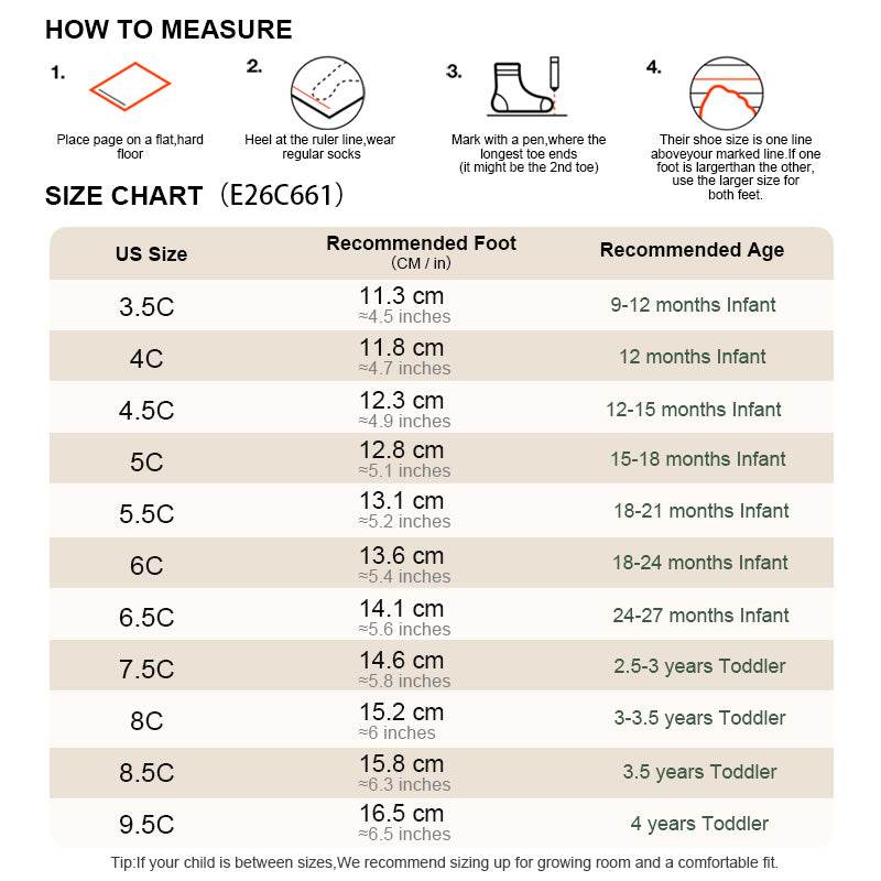 EBMINI COSMO toddler sneaker size guide and foot measurement chart