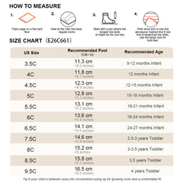 EBMINI COSMO toddler sneaker size guide and foot measurement chart