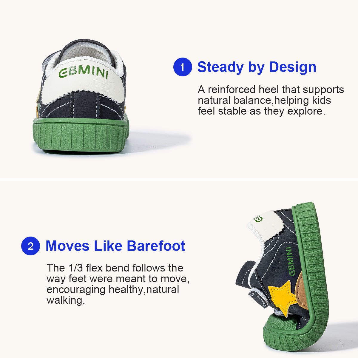 EBMINI COSMO padded heel support and flexible sole demonstration