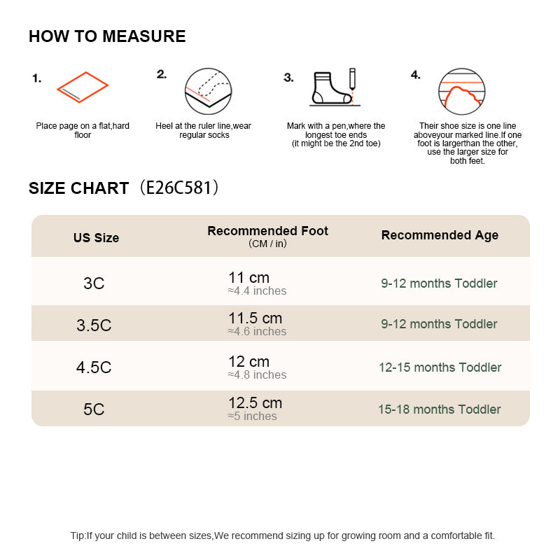 EBMINI COTTONTAIL toddler shoe size guide and measuring instructions