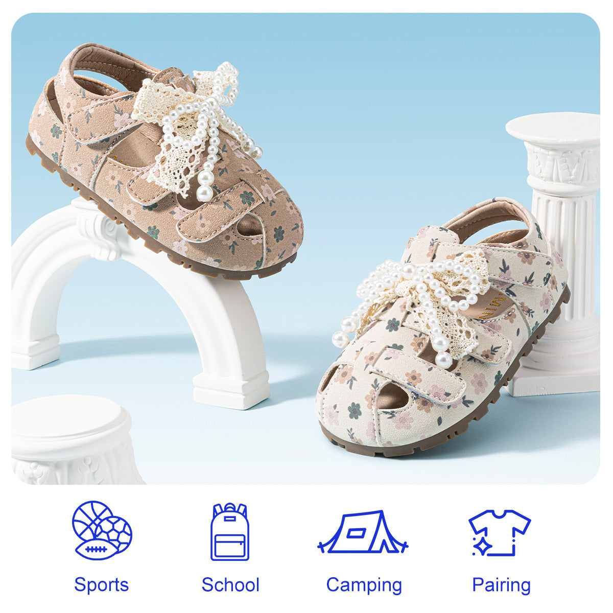 EBMINI DAISY white floral sandals with pearl accents for girls