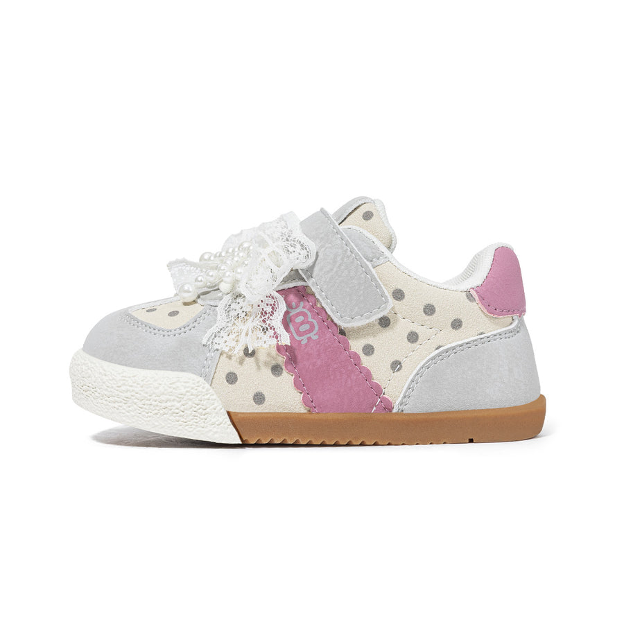EBMINI DOTE Grey toddler sneaker side view with polka-dot panel and lace bow