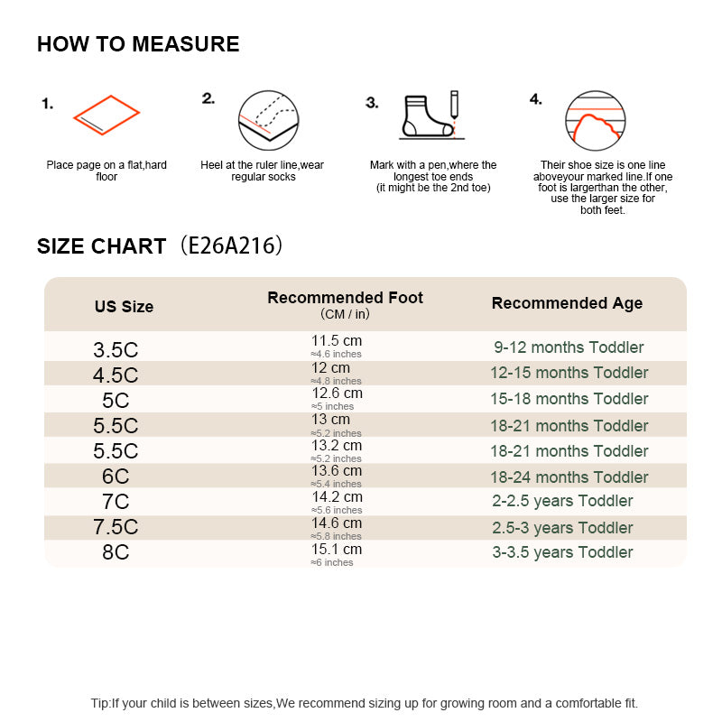 EBMINI DOTE size chart and foot measuring guide for sizes 3.5C to 8C