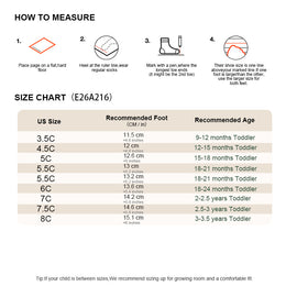 EBMINI DOTE size chart and foot measuring guide for sizes 3.5C to 8C