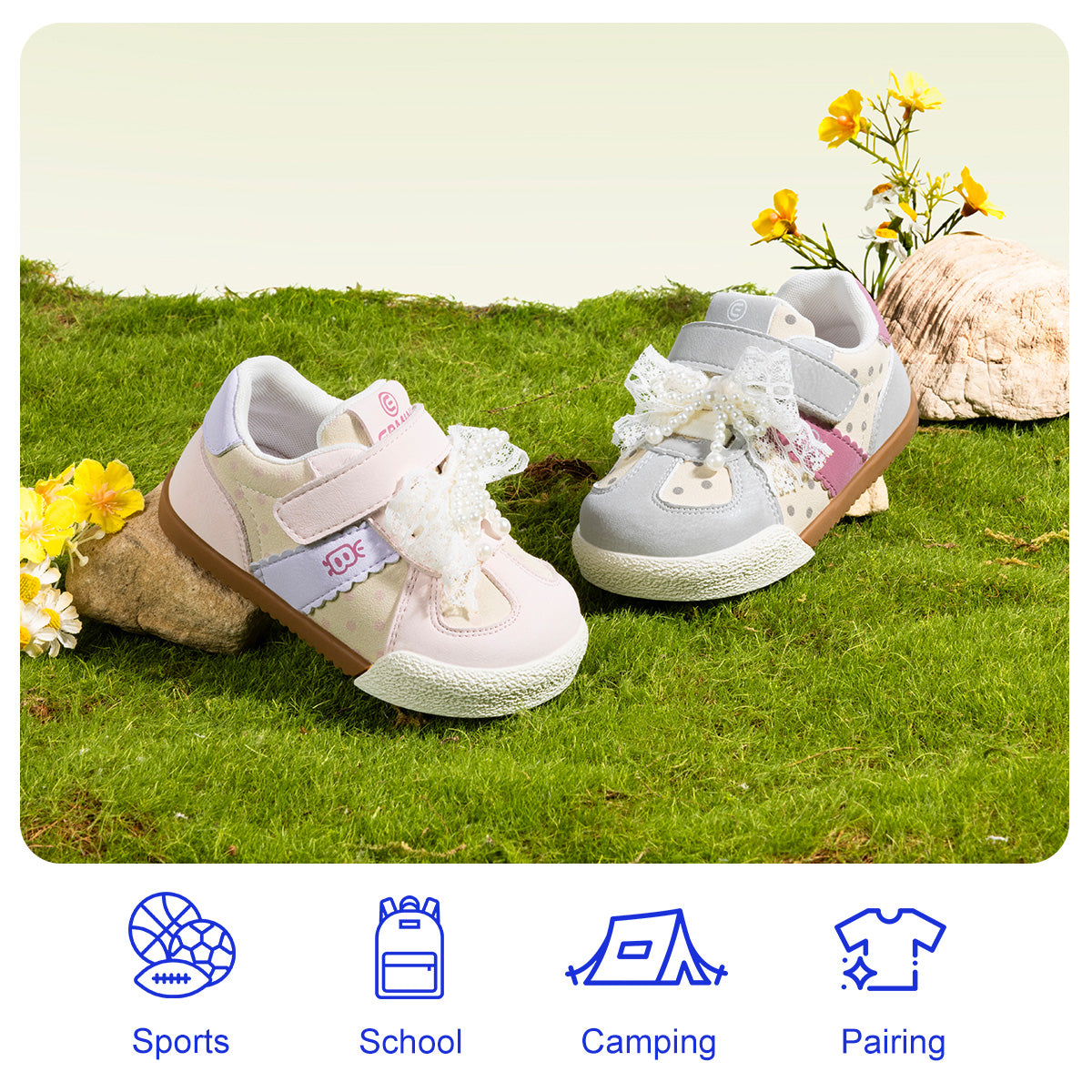 Pink and Grey EBMINI DOTE toddler sneakers displayed with flowers