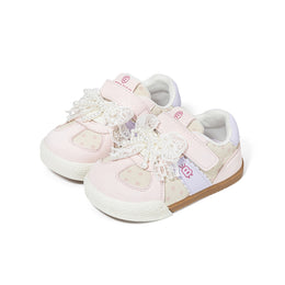 EBMINI DOTE Pink toddler sneakers angled pair with lace bow details