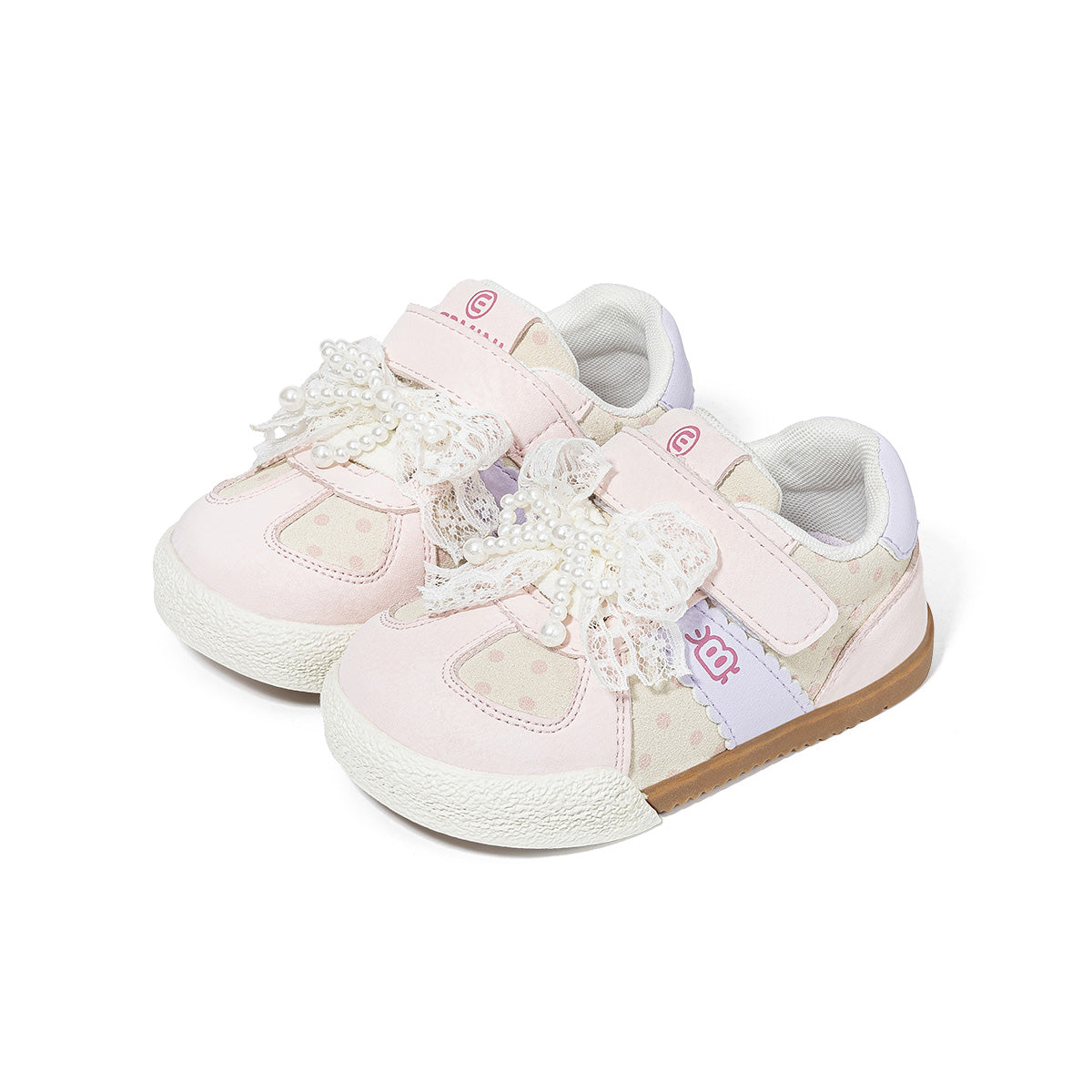 EBMINI DOTE Pink toddler sneakers angled pair with lace bow details