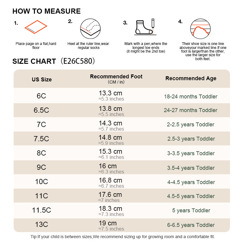 EBMINI ESCAPE toddler sneaker size guide and foot measurement chart