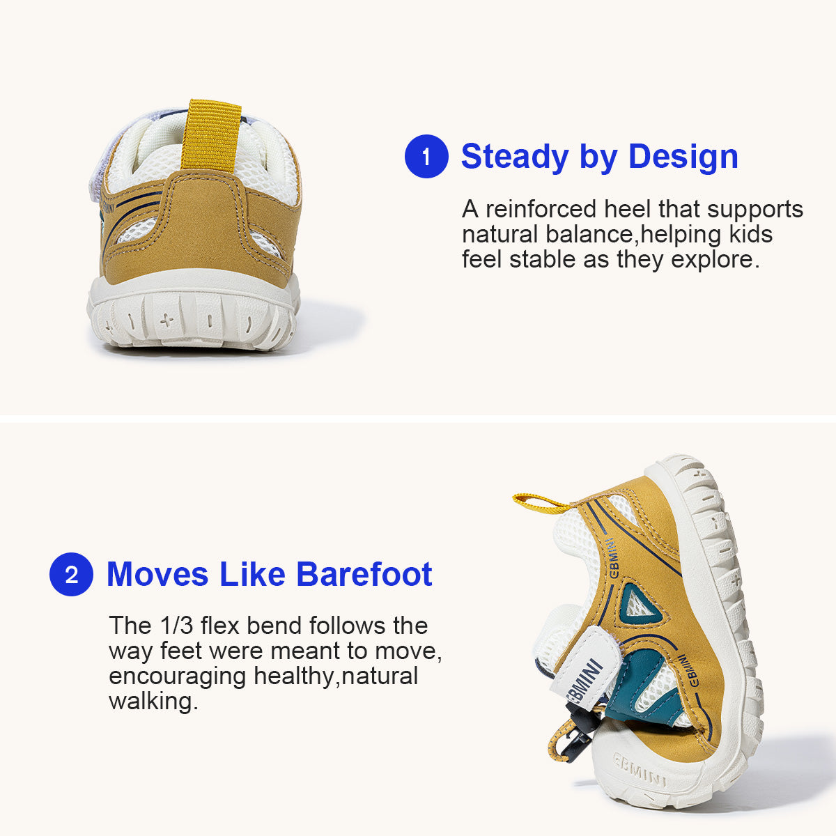 EBMINI ESCAPE padded heel support and flexible sole demonstration