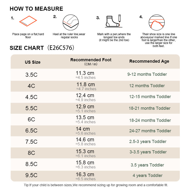 EBMINI FLEXI toddler sneaker size guide and foot measurement chart
