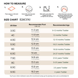 EBMINI FLEXI toddler sneaker size guide and foot measurement chart