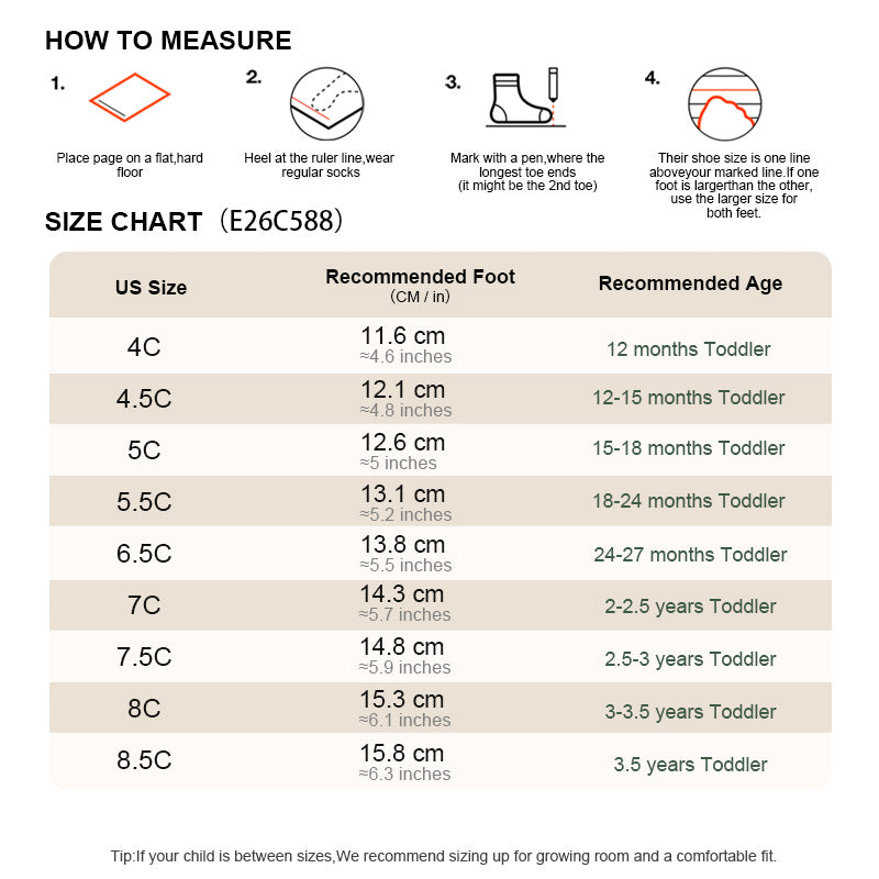 EBMINI FLORET toddler sneaker size guide and foot measurement chart