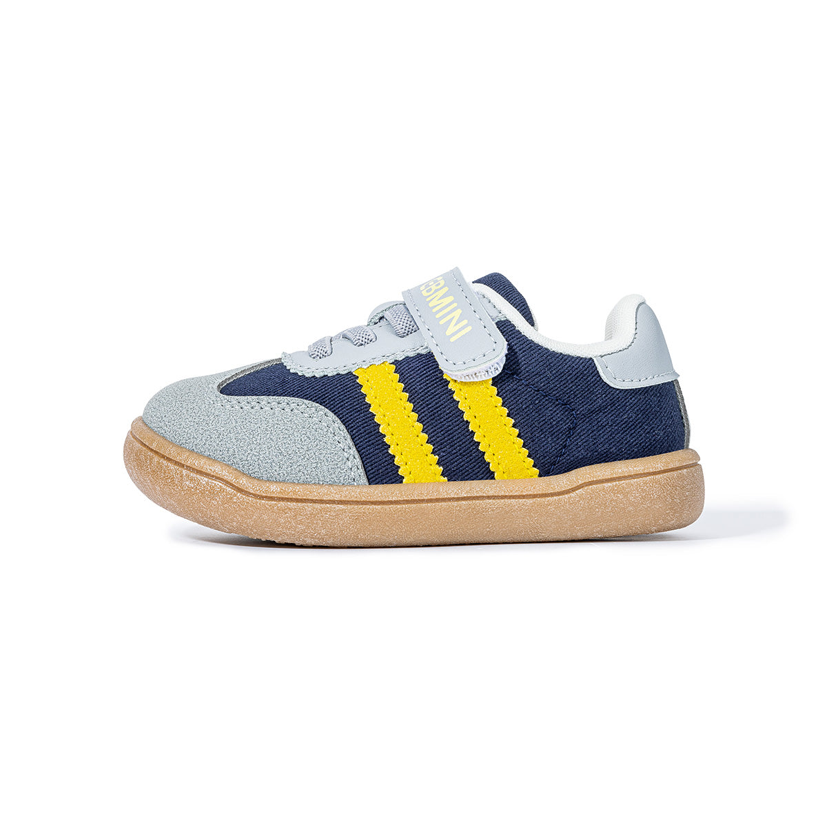 Side view of EBMINI GROOVE blue wide-toe sneaker with gum sole
