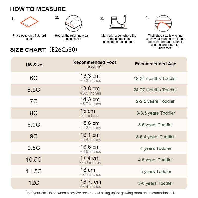 EBMINI GROOVE toddler sneaker size guide and foot measurement chart