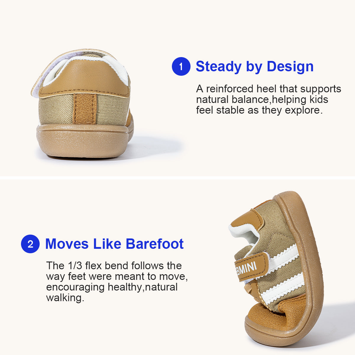 EBMINI GROOVE padded heel support and flexible gum sole demonstration