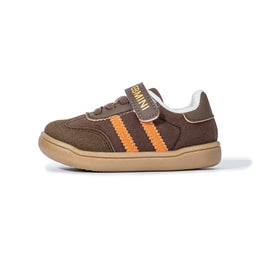 Side view of brown EBMINI GROOVE sneaker with orange double stripes
