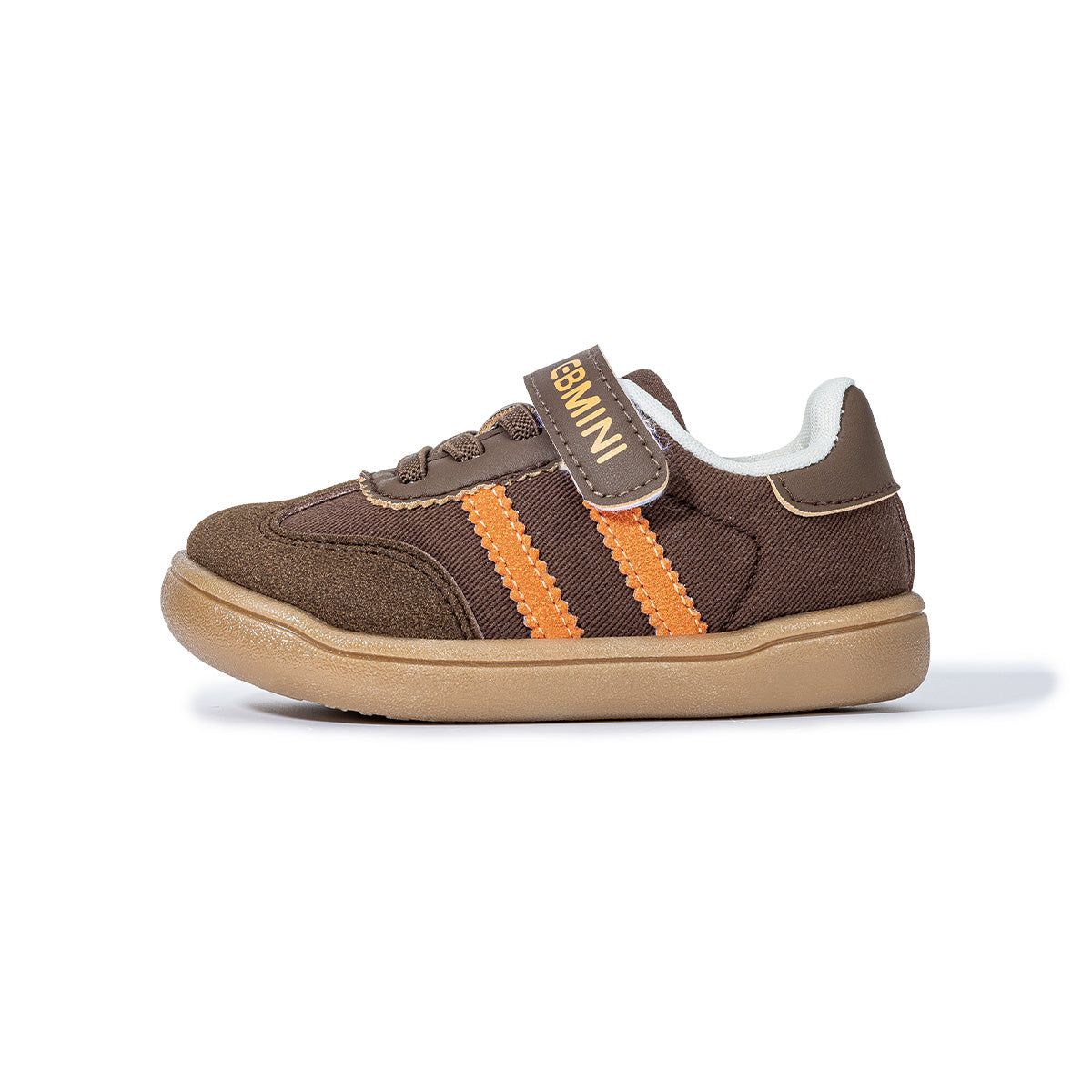 Side view of brown EBMINI GROOVE sneaker with orange double stripes