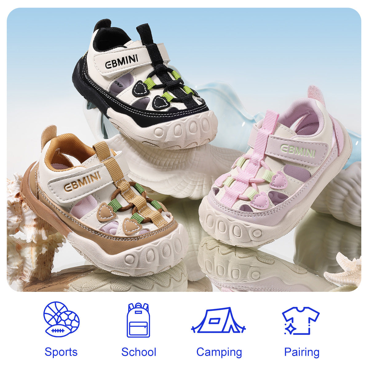 EBMINI HEART black brown lavender pink and white colorblock sandals