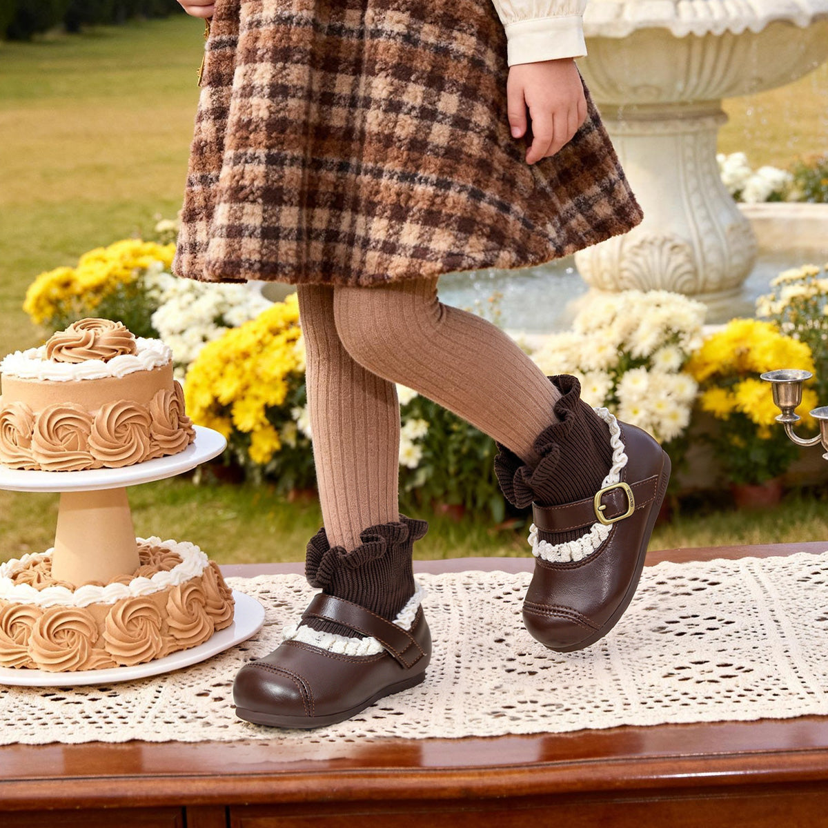 Child wearing brown EBMINI HEIRLOOM boots with a plaid dress