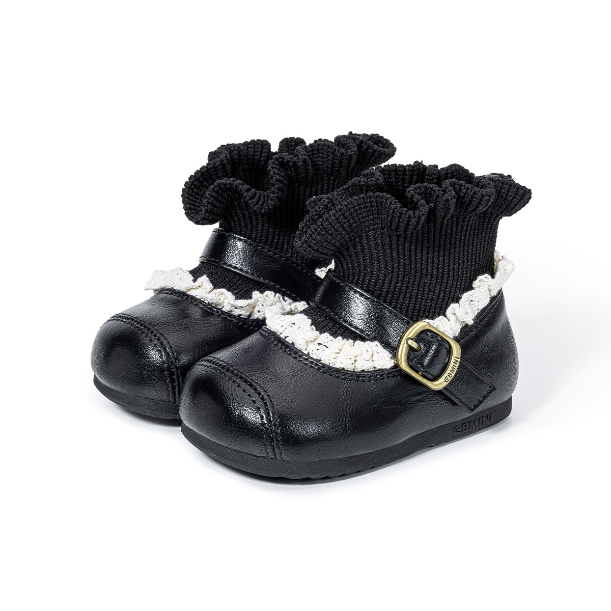 Black EBMINI HEIRLOOM toddler boots, front three-quarter pair view
