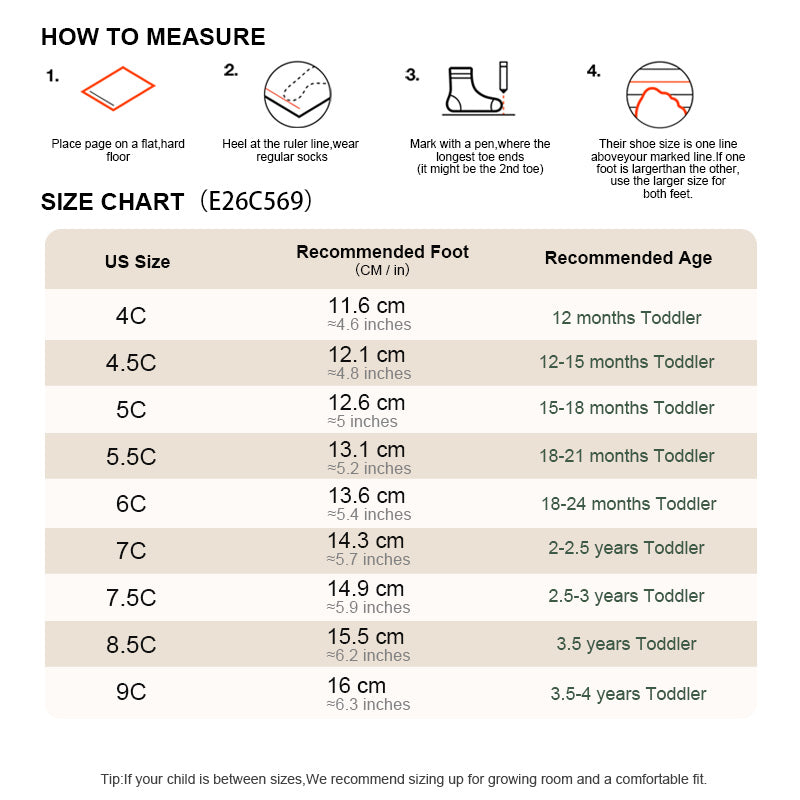 EBMINI HEIRLOOM toddler boots size chart for US sizes 4C to 9C