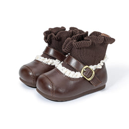 Brown EBMINI HEIRLOOM toddler boots, front three-quarter pair view
